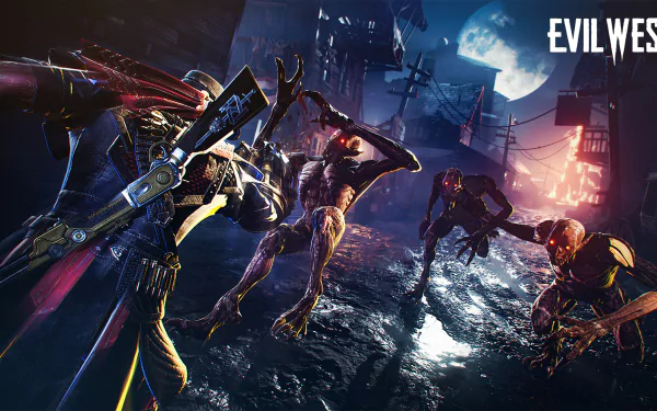 HD desktop wallpaper featuring a dramatic scene from the video game Evil West, with characters battling monsters in a dark, moody setting.