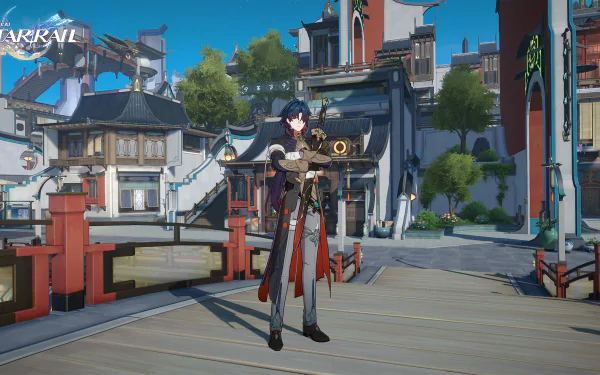 HD wallpaper of Blade from Honkai: Star Rail standing on a bridge with a futuristic weapon, featuring traditional buildings in the background.