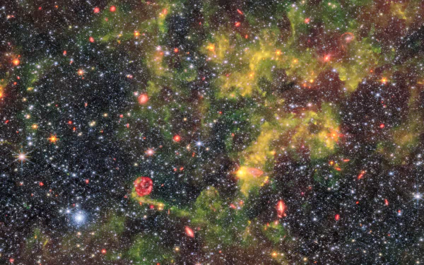 HD desktop wallpaper featuring a vibrant, sci-fi inspired depiction of space as imaged by the James Webb Space Telescope, showcasing colorful nebulae and stars.
