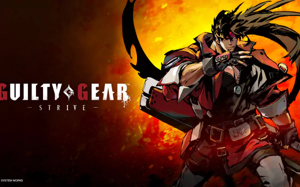 HD desktop wallpaper featuring a dynamic character from the video game GUILTY GEAR -STRIVE- set against an explosive orange background.