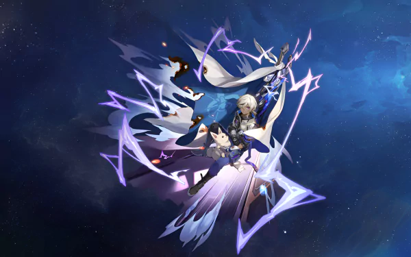 HD desktop wallpaper featuring Arlan from Honkai: Star Rail, depicted in a dynamic, cosmic-themed artwork.