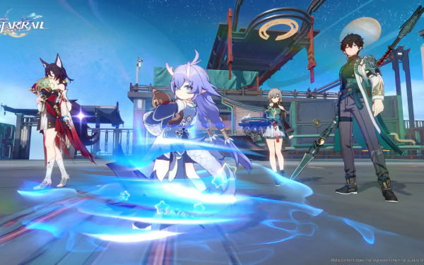 HD desktop wallpaper featuring Tingyun, Bailu, Qingque, and Dan Heng from Honkai: Star Rail, posed in a vibrant, futuristic cityscape.