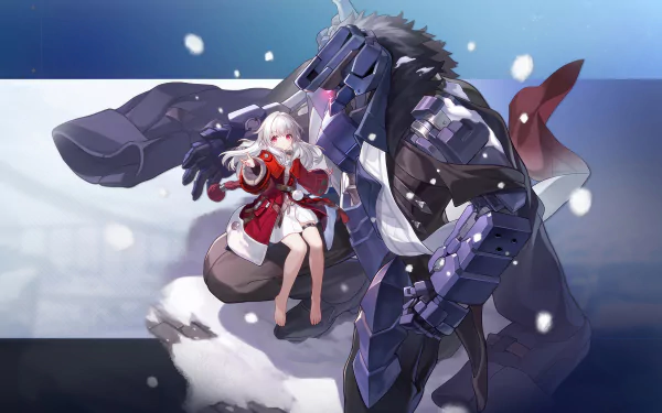 HD wallpaper featuring Clara from Honkai: Star Rail, depicted sitting on a mechanical mount, set against a soft snowy backdrop.