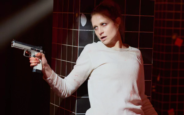 HD wallpaper of a tense scenario depicting a person in a white shirt aiming a gun, with a backdrop of dark tiles, tagged with 'Culprits'.