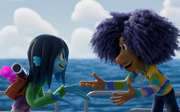 HD desktop wallpaper of a scene from Ruby Gillman, Teenage Kraken, featuring two animated characters interacting on a boat with the ocean in the background.