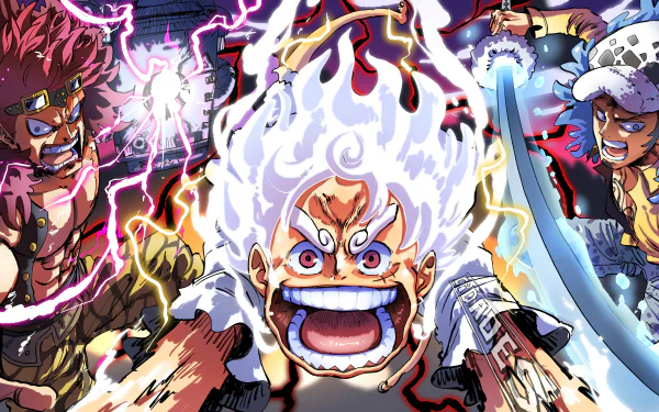 4K Ultra HD One Piece wallpaper featuring Gear 5 Luffy at center, flanked by Eustass Kid and Trafalgar Law, showcasing the Monster Trio in dynamic anime style.