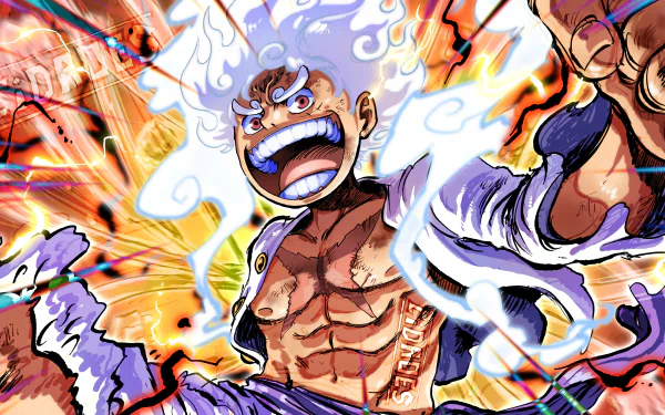 Monkey D. Luffy showcasing Gear 5 form from One Piece series on a detailed HD desktop wallpaper.