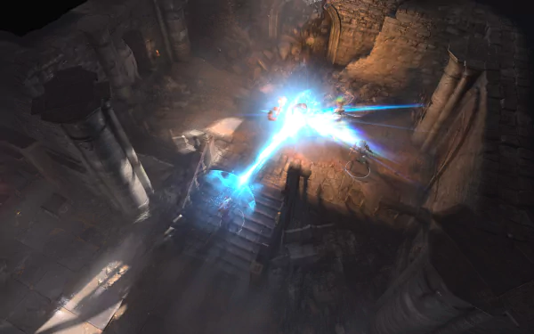 HD desktop wallpaper of a magical encounter in Baldur's Gate 3, featuring characters engaged in a mystical battle within an ancient stone structure.