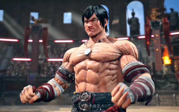 HD desktop wallpaper of Marshall Law from Tekken 8, depicted in a fighting stance in an arena setting.