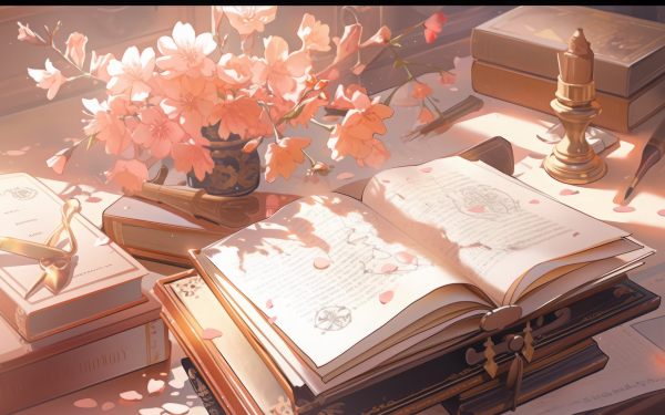 HD desktop wallpaper featuring an open book surrounded by blooming flowers and vintage artifacts, creating a warm and scholarly ambiance.