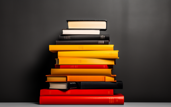 Stack of colorful books against a dark background, perfect for HD book-themed desktop wallpaper.