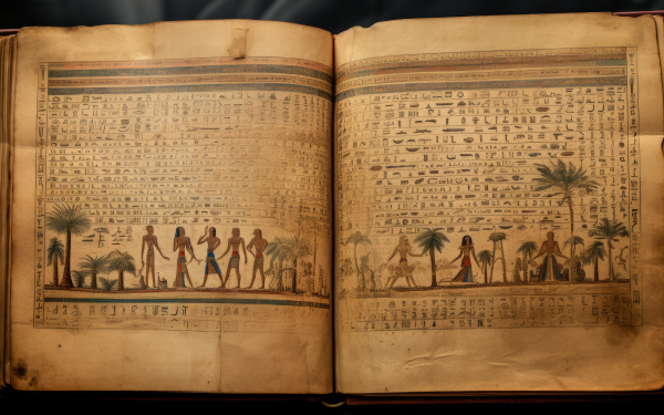 HD desktop wallpaper featuring an ancient book with Egyptian hieroglyphs and illustrations