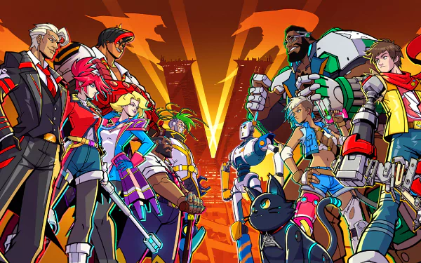 HD desktop wallpaper featuring a colorful ensemble of characters from the video game Hi-Fi Rush, posed dynamically against a vibrant, stylized background.