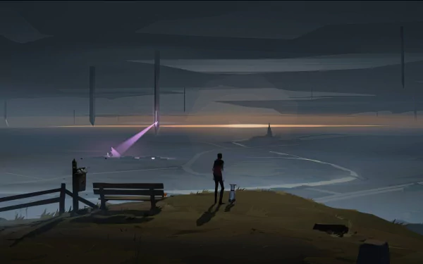 Moody Somerville themed HD desktop wallpaper depicting a silhouette of a person gazing at an atmospheric twilight scene with mysterious beams of light and a contemplative dog.