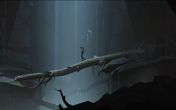 A moody HD wallpaper from the video game Somerville, featuring a lone figure standing on a log in a dark, atmospheric environment illuminated by soft light.