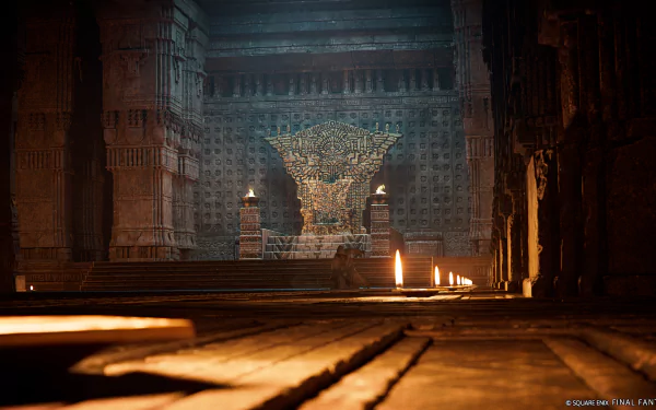 HD wallpaper from Final Fantasy XIV: Dawntrail featuring an atmospheric interior view of an ancient, dimly lit temple with intricate stone carvings.