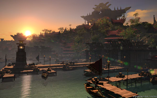 HD desktop wallpaper from Final Fantasy XIV: Dawntrail featuring a serene sunset over an ornate harbor with boats and traditional architecture.