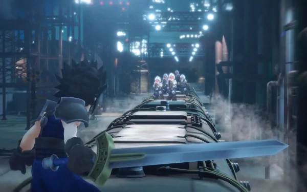 HD desktop wallpaper featuring a scene from Final Fantasy VII: Ever Crisis with a character poised for battle in an industrial environment.