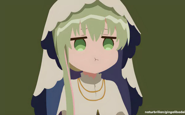 Chibi Cecilia from the anime Saint Cecilia and Pastor Lawrence, neutral pout, green eyes and hooded cloak — 4K Ultra HD PC desktop wallpaper/background.