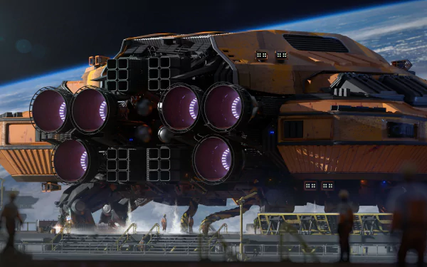 HD desktop wallpaper from the video game Star Atlas featuring a large spacecraft with multiple engines, surrounded by crew members on a landing pad in space.