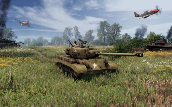 HD wallpaper featuring a scene from Men of War II with a detailed depiction of tanks on a battlefield with flying aircraft overhead.