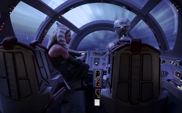 HD desktop wallpaper featuring Ahsoka in a spaceship cockpit with a dramatic view of space in the background.