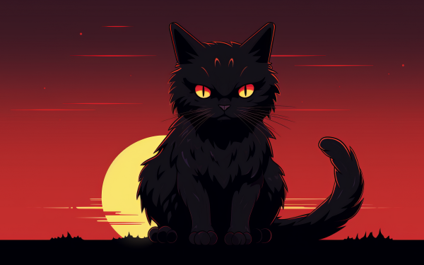 HD desktop wallpaper featuring a majestic black cat with glowing eyes sitting against a vivid red sunset backdrop.