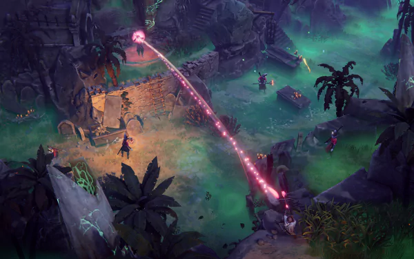 HD wallpaper featuring a mystical scene from Shadow Gambit: The Cursed Crew game with eerie green fog, ancient ruins, and a sparkling red beam across the landscape.