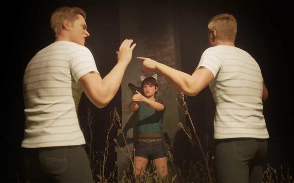 HD wallpaper featuring a scene titled 'Deceit 2' with two identical figures giving each other a high-five, while a person in the middle looks on with suspicion, set in a dimly lit, eerie environment.