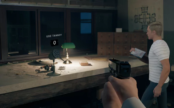 HD desktop wallpaper featuring a scene from the game Deceit 2, with a first-person perspective of a hand holding a camera aimed at a character in a dimly lit room with interactive elements highlighted.