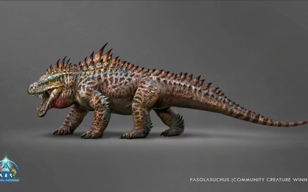 HD desktop wallpaper of a Pasasuchus from ARK: Survival Ascended, posed against a neutral background.