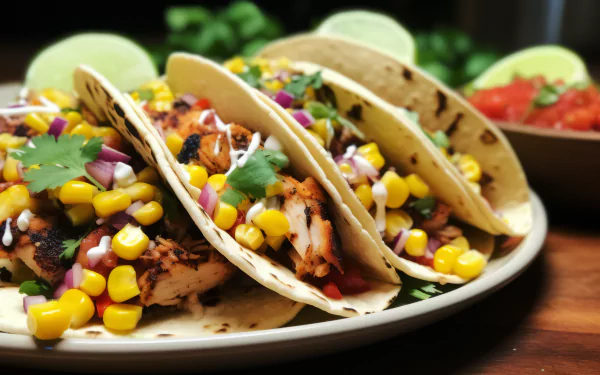 A vibrant close-up of delicious fajitas filled with grilled chicken, corn, and fresh toppings, served on a plate with lime and salsa in the background. Perfect HD desktop wallpaper.