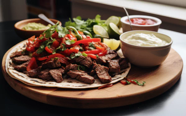 HD desktop wallpaper of delicious fajitas served with guacamole, sour cream, and lime on a wooden platter for a vibrant background.