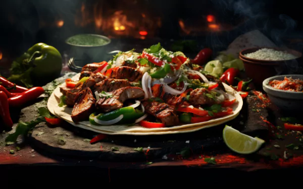 A vibrant HD desktop wallpaper featuring a delicious fajita platter loaded with grilled meat, fresh vegetables, and garnishes, set against a smoky backdrop.
