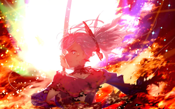 Vibrant 4K Ultra HD PC wallpaper featuring Miyamoto Musashi from Fate/Grand Order, showcasing dynamic anime art with fiery, colorful light effects.