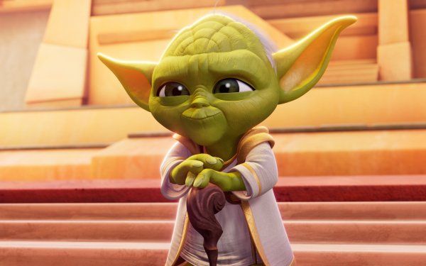 HD wallpaper featuring Master Yoda from Star Wars: Young Jedi Adventures animated series, standing with a thoughtful expression on temple stairs.