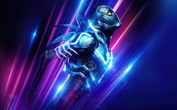 4K Ultra HD PC desktop wallpaper featuring Blue Beetle from the movie, glowing with blue and purple energy in a dynamic, futuristic design.