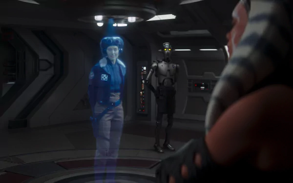 HD wallpaper featuring Ahsoka Tano observing a hologram of Hera Syndulla with a droid in the background.