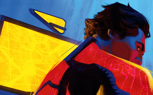 HD desktop wallpaper of Spider-Man 2099, Miguel O'Hara, from Spider-Man: Across The Spider-Verse with vibrant colors and dynamic pose.