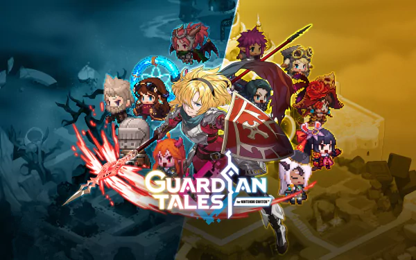 HD wallpaper featuring characters from Guardian Tales, including the Knight, in dynamic action poses for desktop background.