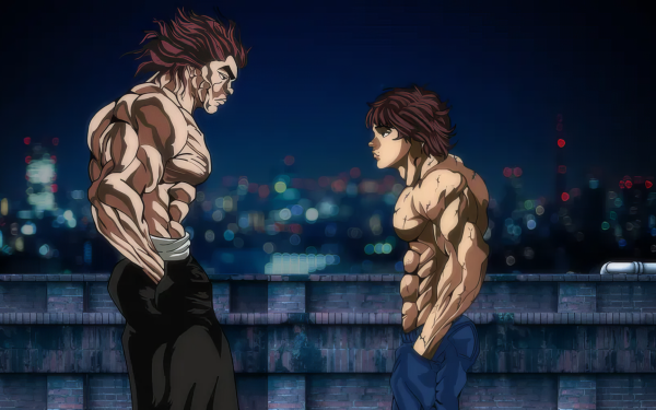 HD Wallpaper of Baki Hanma and Yujiro Hanma characters facing each other against a city skyline at night.