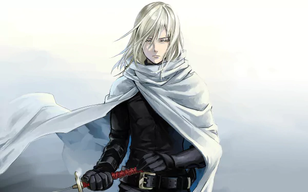 HD desktop wallpaper featuring Flashy Flash from One-Punch Man, depicted with a sword and a flowing white scarf, set against a muted background.