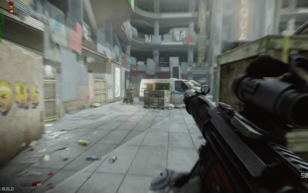 HD wallpaper of a first-person perspective in Escape from Tarkov: Arena, showcasing a player aiming a gun in a detailed, abandoned urban environment.