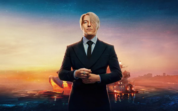 Sanji from One Piece live-action TV show, depicted in a sharp suit against a vibrant sunset background, rendered in 8K Ultra HD for PC desktop wallpaper.