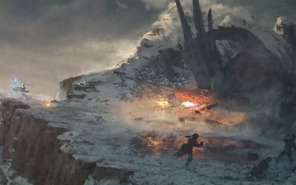 HD desktop wallpaper of an intense scene from the anime Mushoku Tensei: Jobless Reincarnation, featuring characters engaging in a dramatic snowy landscape with a large, dark creature.
