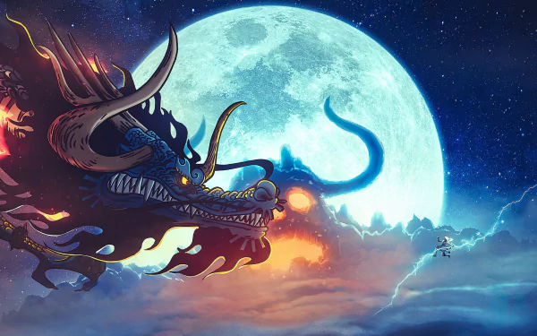 HD desktop wallpaper featuring Monkey D. Luffy in Gear 5 facing off against Kaido from the anime One Piece, set against a moonlit sky.