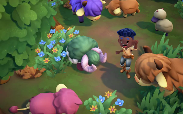 HD wallpaper of a Fae Farm scene with a character and colorful creatures for desktop background.