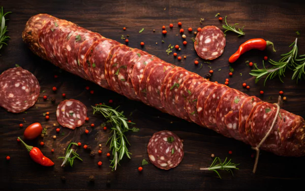 HD desktop wallpaper of a whole salami with slices, herbs, and spices on a dark wooden background.