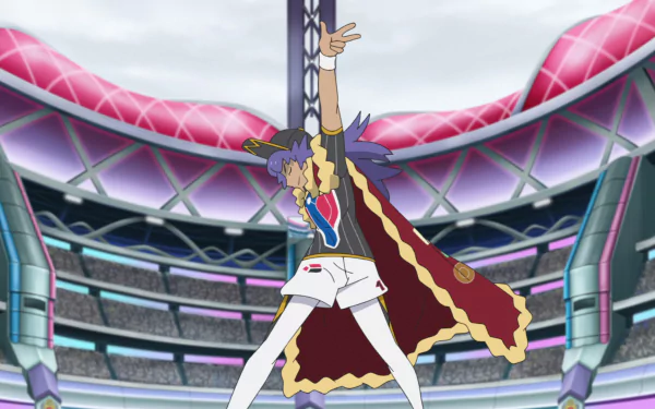 HD Desktop Wallpaper featuring Leon, the Champion from Pokémon Ultimate Journeys: The Series, posing victoriously in a battle stadium.