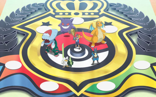 HD wallpaper from Pokémon Ultimate Journeys: The Series, featuring Ash and his Pokémon on a colorful battle arena.
